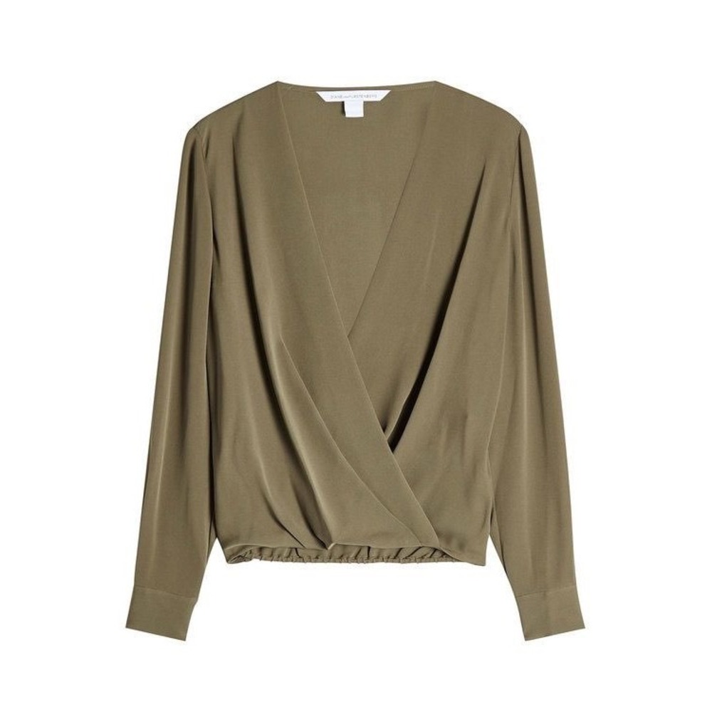 Diane von Furstenberg Blouse Marci Silk Faux Wrap Size 6 Olive Green Women's